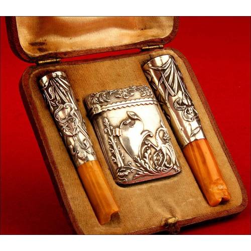 Art Nouveau Solid Silver Smoking Set with Original Case. 1902.