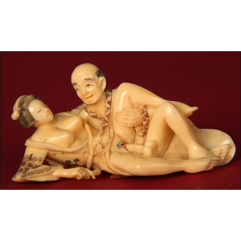 Antique Japanese Erotic Netsuke, Hand Carved Ivory. Signed