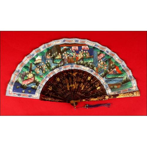 Antique Chinese Fan of the Thousand Faces, in Lacquered and Decorated Wood. XIX Century