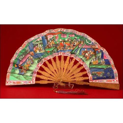 Antique Chinese Fan of the Thousand Faces, Hand Carved and Decorated. 19th Century
