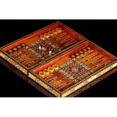 Impresionante Juego Árabe de Backgammon y Damas. Años 80. Original y Hecho a Mano