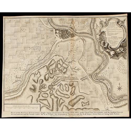 War of Succession Engraving, 1745 Depicting the Battle of Saragossa, 1710