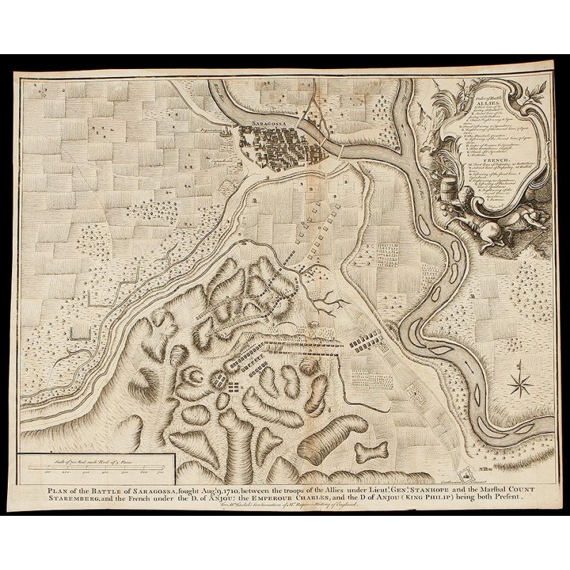 Grabado la Guerra de Sucesión del año 1745 Representando la Batalla de Zaragoza de 1710