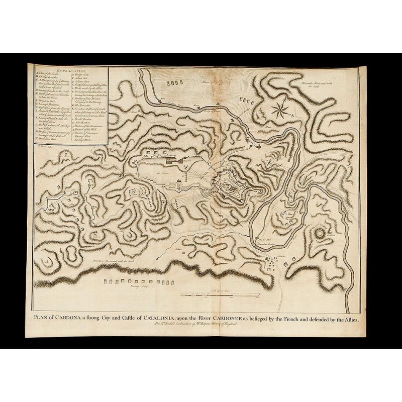 Grabado la Guerra de Sucesión del año 1745 Representando el Plano del Sitio de Cardona en 1711. J. Basire