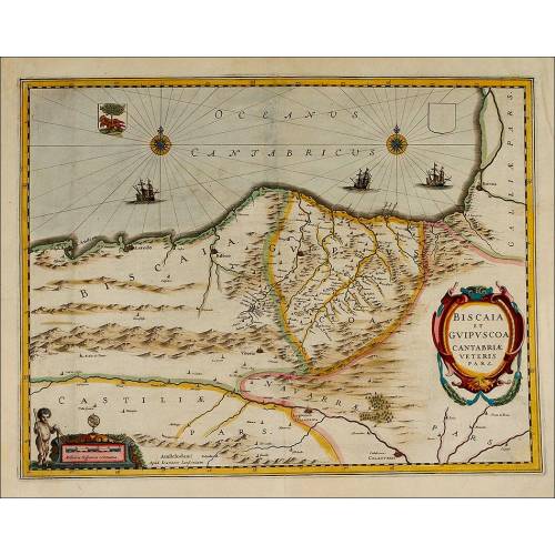 Precioso Mapa de la Costa Cantábrica Española. Circa 1650, Coloreado Original