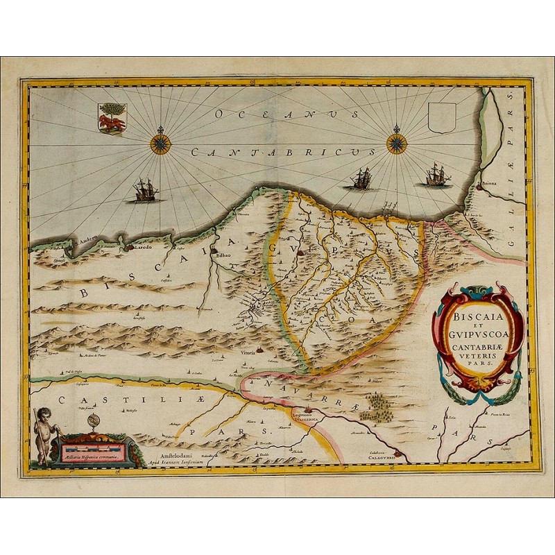 Precioso Mapa de la Costa Cantábrica Española. Circa 1650, Coloreado Original
