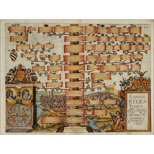 Engraving of the Family Tree of the Kings of France. Year 1608. Original Color