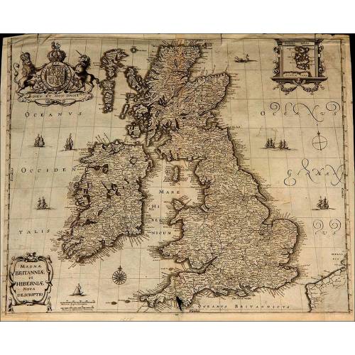 Magnífico Grabado Antiguo con el Mapa de Inglaterra e Irlanda. Año 1665