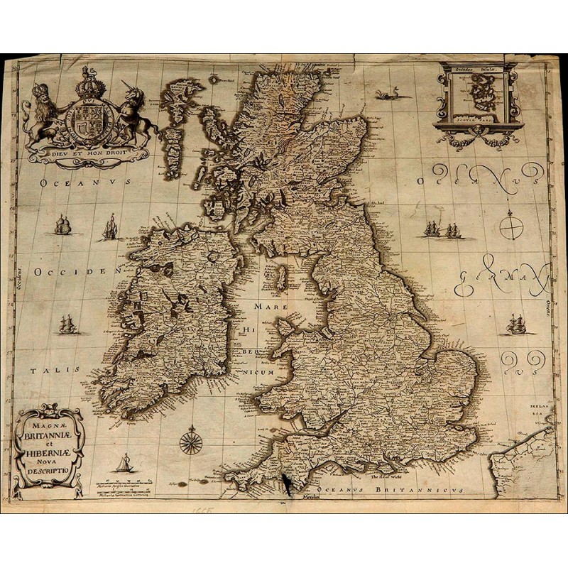 Magnífico Grabado Antiguo con el Mapa de Inglaterra e Irlanda. Año 1665