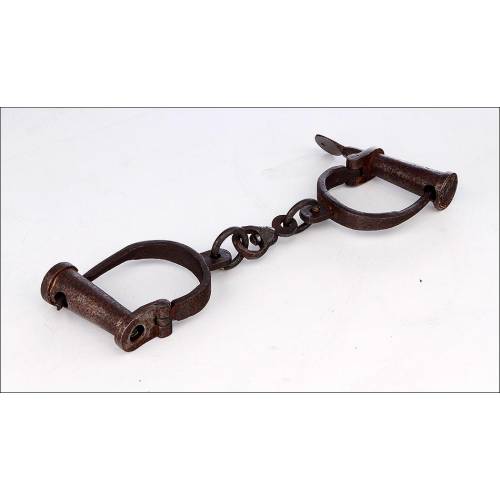 Authentic Antique Cast Iron Handcuffs with Key. Circa 1800