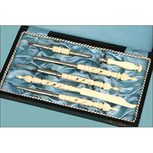 Ivory letter writing set with case. 1900