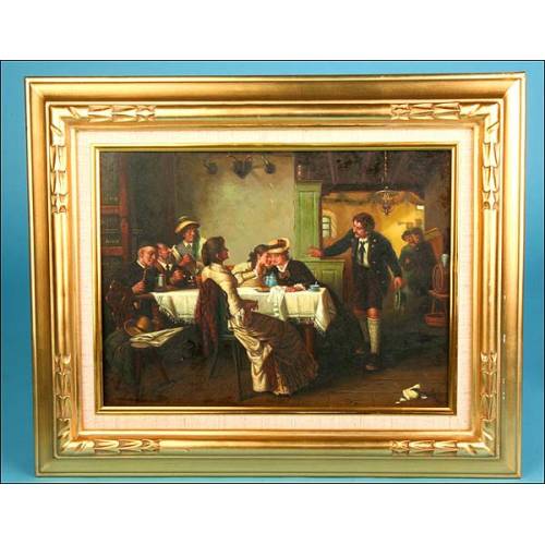 Oil painting in tavern meeting, signed L.Simons Fiammingo.