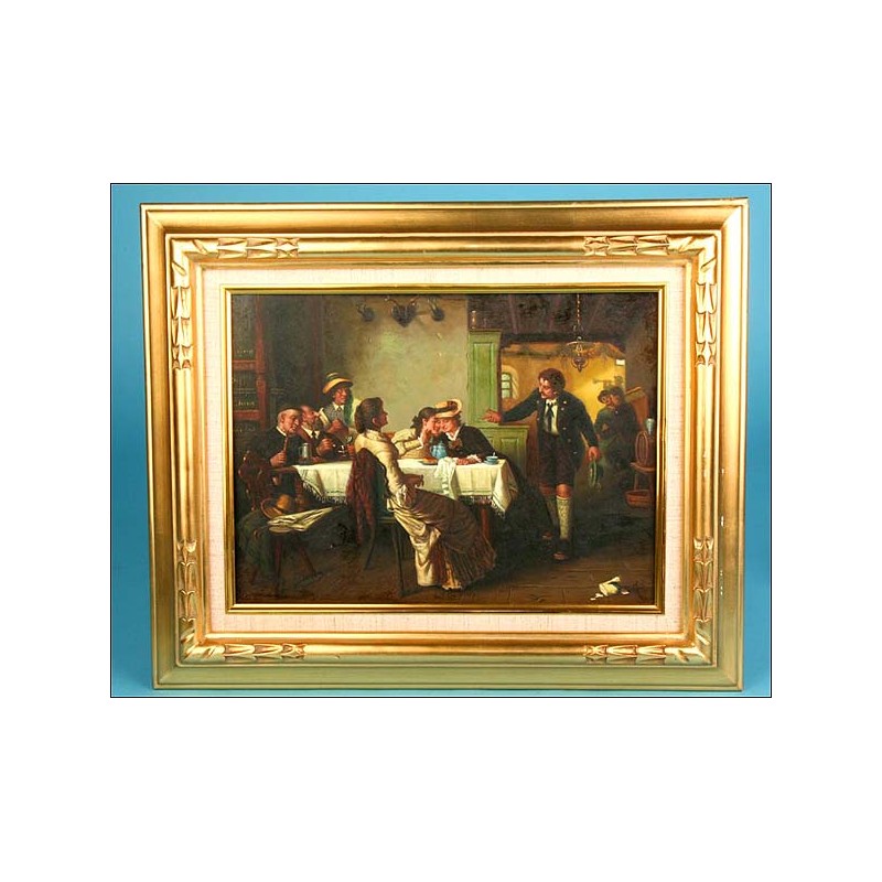 Oil painting in tavern meeting, signed L.Simons Fiammingo.