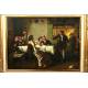 Oil painting in tavern meeting, signed L.Simons Fiammingo.