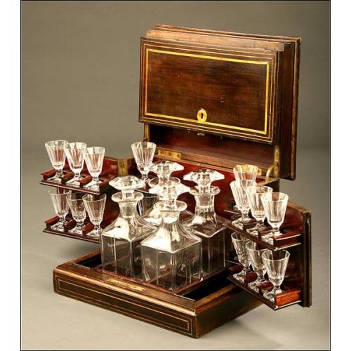 Original French Glass Liquor Cabinet with Marquetry Wooden Box.