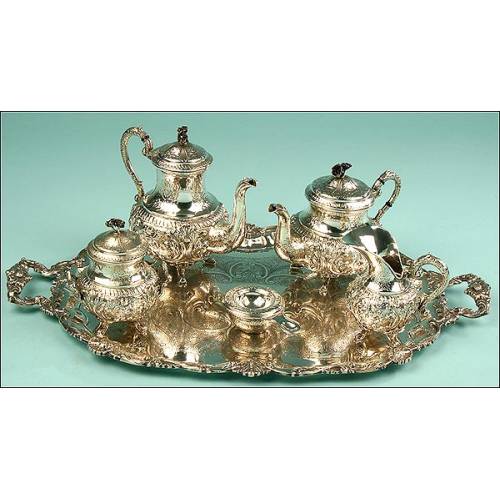 Solid Silver Coffee Tea Set with Tray 3751 grs. Spain. 20th Century