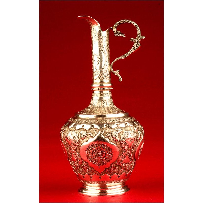 Exceptional Solid Silver Ewer, Persia. XIX Century.