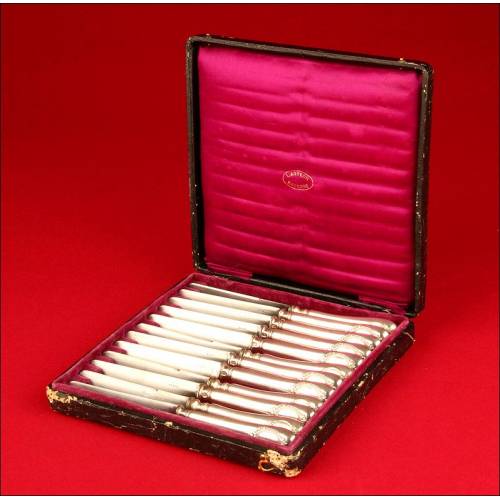 Decorative case with 12 Dessert Knives in Solid Silver. France, S.XIX.