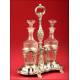 Fantásticas Vinagreras Francesas en Vidrio Soplado con Decorativo Soporte en Plata Maciza. Principios s.XIX