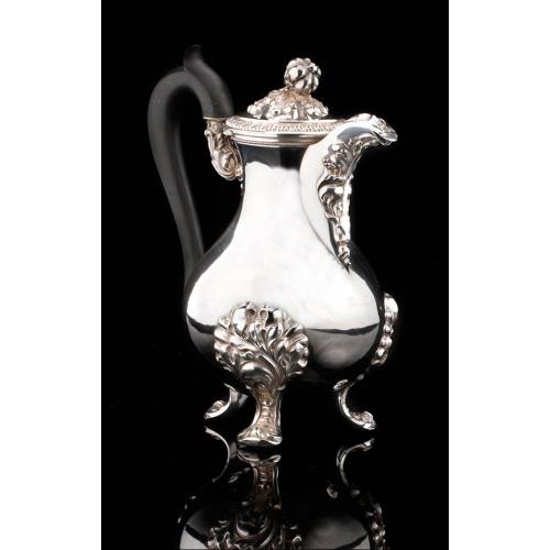 Impressive Solid Silver and Ebony Teapot. Contrasted. France, S. XIX