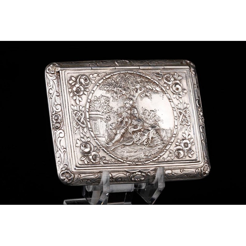 Charming Antique Solid Silver Pill Box with Reliefs. Germany, 19th Century