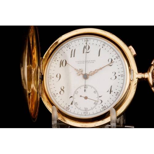 Antique 18K Solid Gold Pocket Watch with Chronograph and Chime. Circa 1900