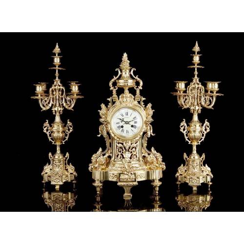 Antique Bronze Clock and Candlestick Set. France, XIX Century