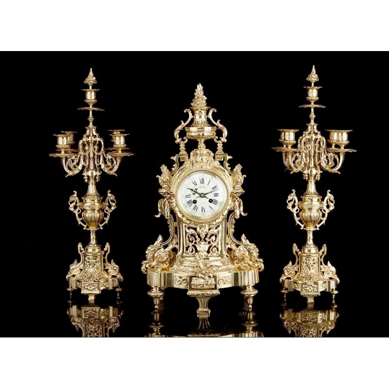 Antique Bronze Clock and Candlestick Set. France, XIX Century