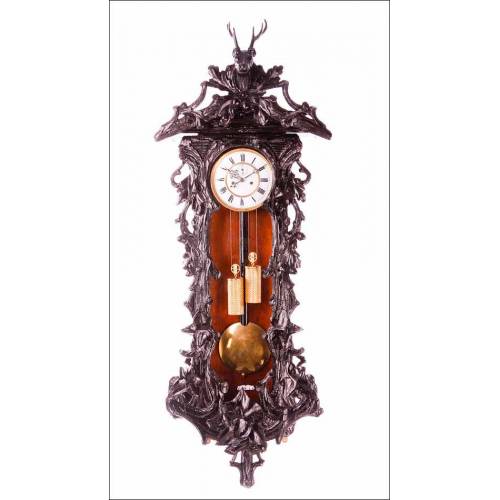 Espectacular Reloj de Pared Antiguo Tipo Viena. Estilo Selva Negra. Alemania, Fines S. XIX