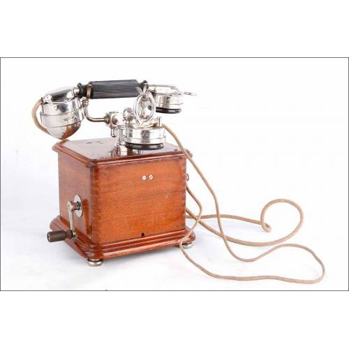 Precioso Teléfono Antiguo Mod. 1910 en Madera y Metal Cromado. Francia, 1927