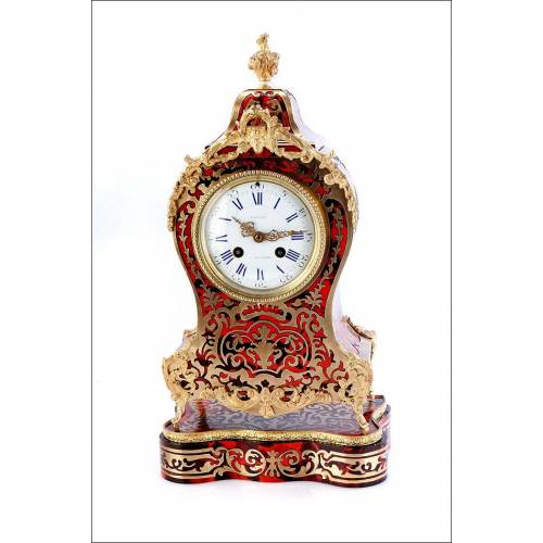 Antiguo Reloj de Sobremesa Decorado con Marquetería Boulle. Francia, Siglo XIX