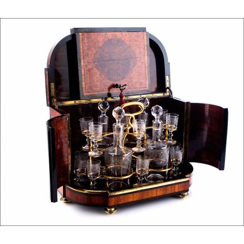 Antique Root Wood Liquor Cabinet with Original Glassware. France, 1900