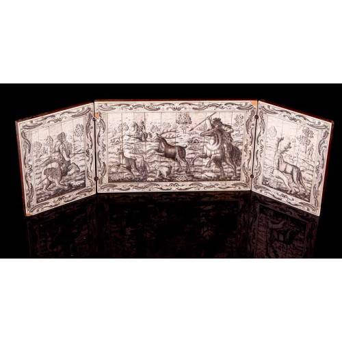 Antique Triptych with Hunting Scenes Carved in Bone Plates. 19th Century
