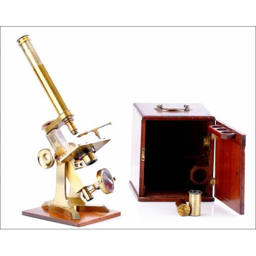 Antiguo Microscopio M. Pillischer de Latón. Magnífico Estado. Londres, 1860