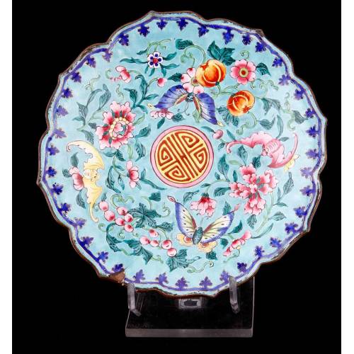 Antique Chinese Enameled Metal Plate, Early 20th Century.