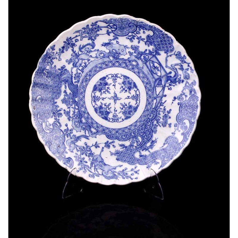 Antique blue and white porcelain serving tray. China, Early 20th Century