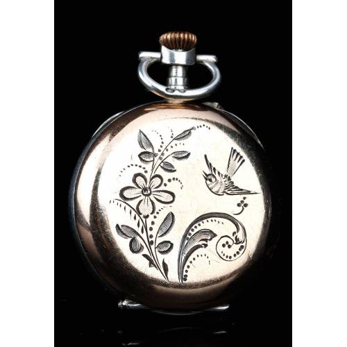 Antiguo Reloj de Bolsillo de Señora en Plata Dorada y Contrastada. Francia, Circa 1895