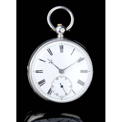 Elegante Reloj de Bolsillo Antiguo en Plata Maciza Contrastada. Londres, 1865