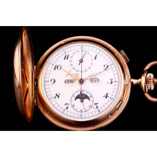 Reloj de bolsillo Antiguo Oro de 14 K con sonería de cuartos, cronómetro, calendario y fases lunares. Suiza, Circa 1880