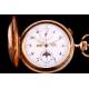 Reloj de bolsillo Antiguo Oro de 14 K con sonería de cuartos, cronómetro, calendario y fases lunares. Suiza, Circa 1880