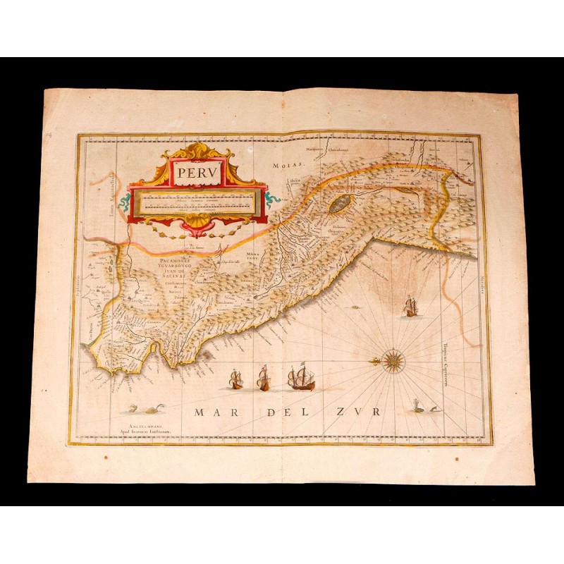 Maravilloso Mapa Antiguo del Perú con Coloreado de Época. Janssonius-Hondius. Holanda, 1638