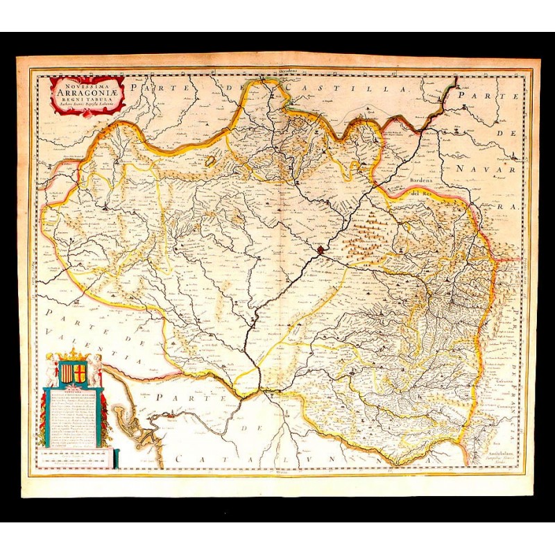 Magnífico Mapa Antiguo de Aragón Coloreado a Mano. Janssonius-Joan Baptista Labaña. Holanda, 1638