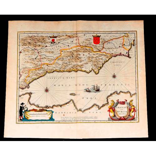 Fantástico Mapa Antiguo de Granada y Murcia Editado por Janssonius-Hondius. Holanda, 1638
