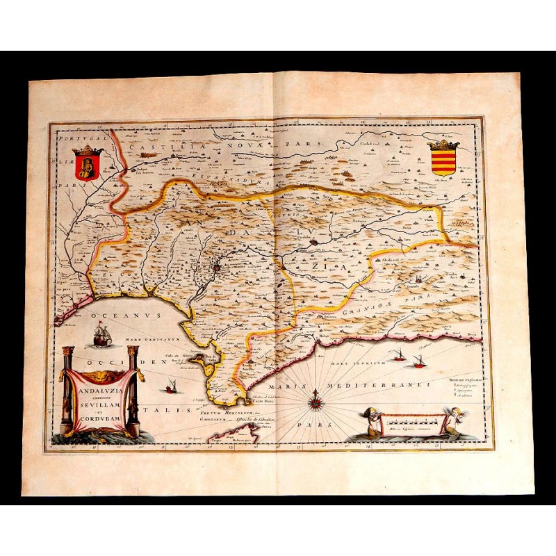 Maravilloso Mapa Antiguo de Andalucía Publicado por Janssonius-Hondius. Holanda, 1638