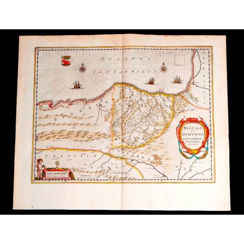 Impresionante Mapa Antiguo de Vizcaya y Guipúzcoa. Janssonius-Hondius. Holanda, 1638