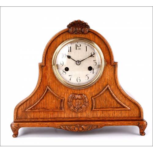 Elegant Mantel Clock with Hand Carved Wood Box. Germany, 1930's