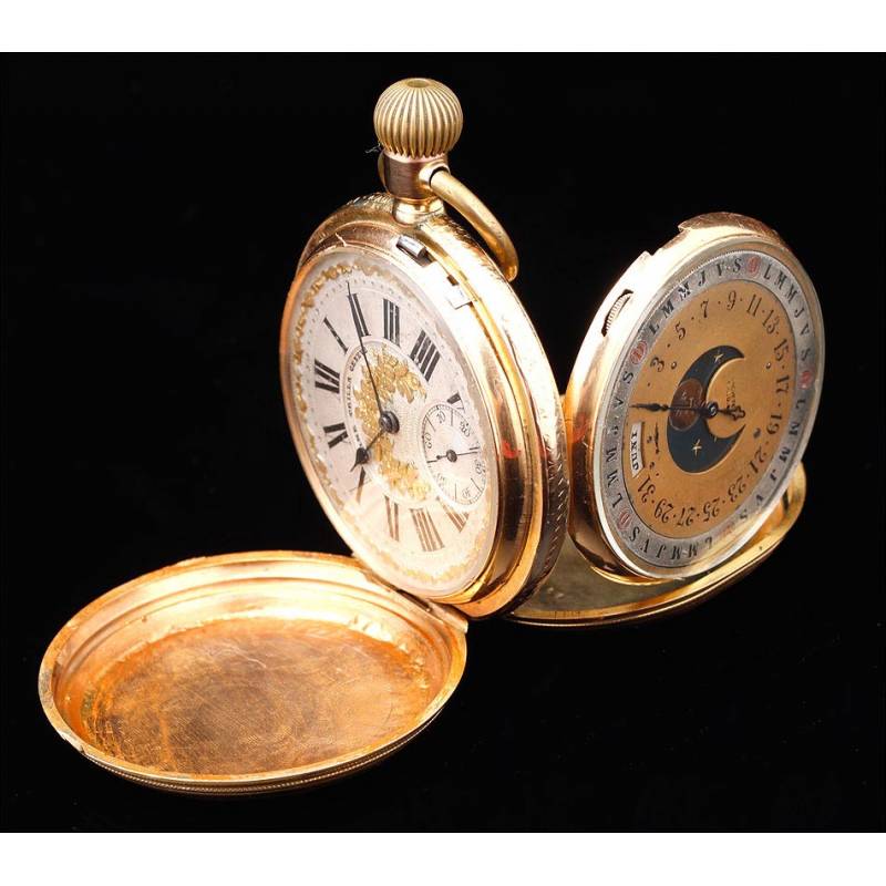 Reloj de Bolsillo Antiguo J. Trilla con Caja de Oro y Doble Esfera. Suiza,  Circa 1890