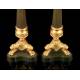 Antique Candlesticks in Gilded and Patinated Bronze. France, XIX Century