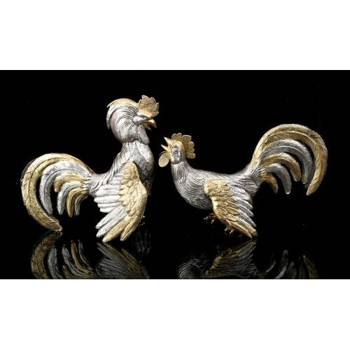 Pair of Solid Silver Roosters. Antique. Spain, Circa 1950
