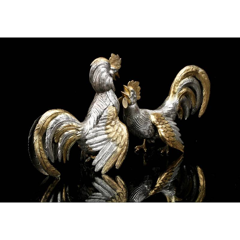 Antigua Pareja de Gallos de Plata Maciza. Gran Expresividad. España, Circa 1950 Antigua Pareja de Gallos de Plata Maciza. Gran Expresividad. España, Circa 1950